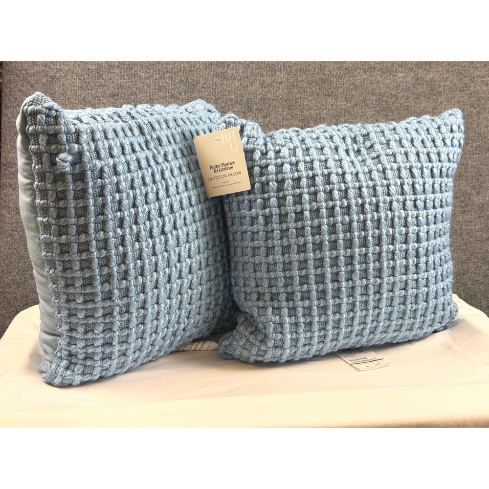 2 Better Homes & Garden Light Blue Woven Indoor Outdoor Pillows 18x18 Square NWT